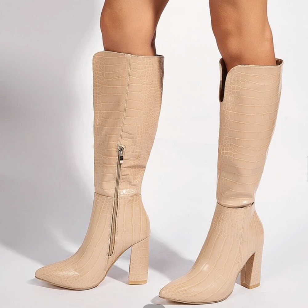 Croc Embossed Chunky Heel Knee High Boots Nude